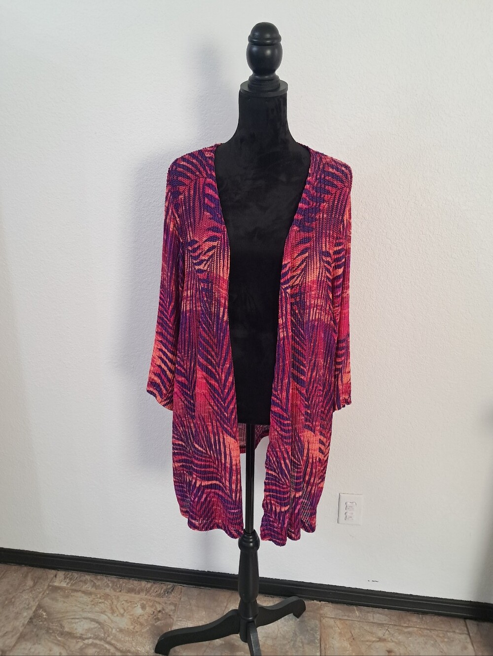 Catherines 3X Knit Cardigan Open Front Pink Purple Tropical Beachy Island